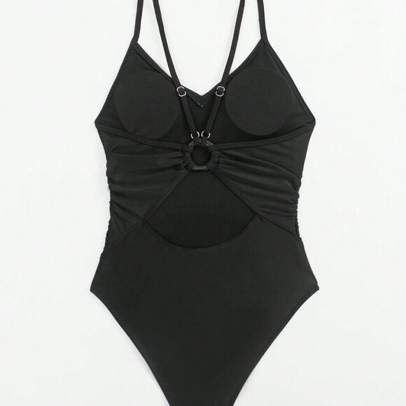 Black Women's Summer Beach Cut Out Ring Linked One Piece Swimsuit - Picture 5 of 8